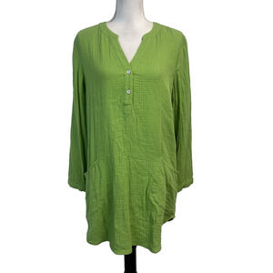 Soft Surroundings Tunic Top sz Medium Green Oversized Pocket Casual Beachy Boho